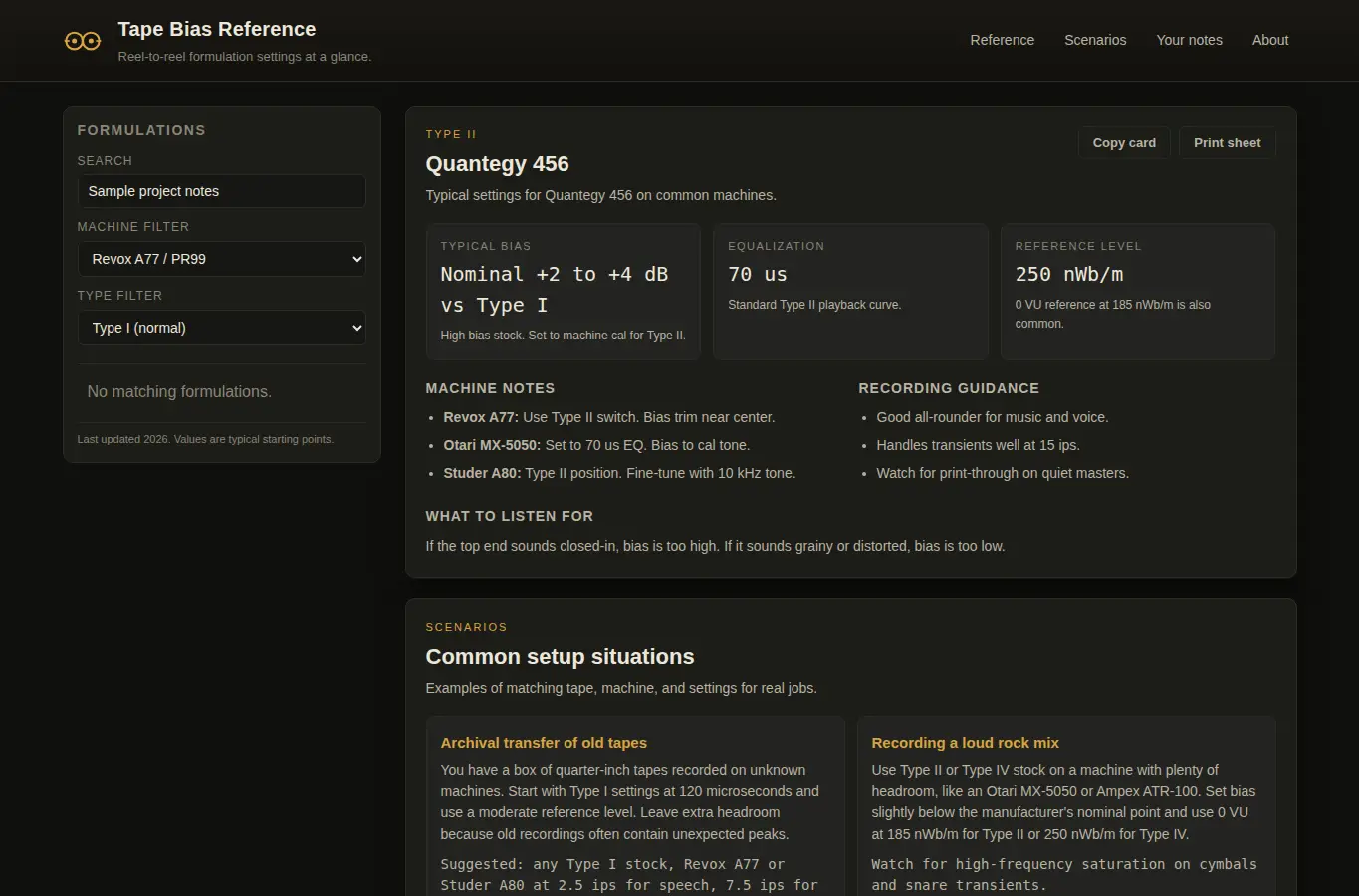 Screenshot of Analog Audio Tape Bias Reference interface showing the project page in use